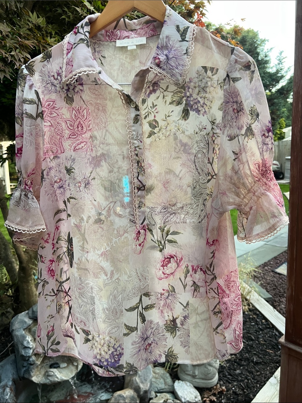 Sheer Floral Button-Front Blouse — Pink Lavender